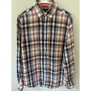 Black Brown 1826 Casual 100% Linen Plaid Long Sleeve Button Down Small